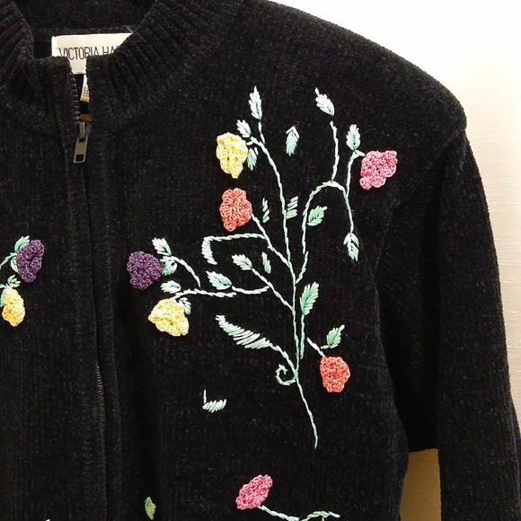 Vintage Chenille Full-Zip Black Sweater Jacket - Sz Large - Picture 2 of 5